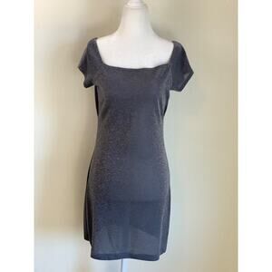 Vintage Y2K Metallic Square Neck Dress Short Sleeve Size Small Gray Grunge 90s